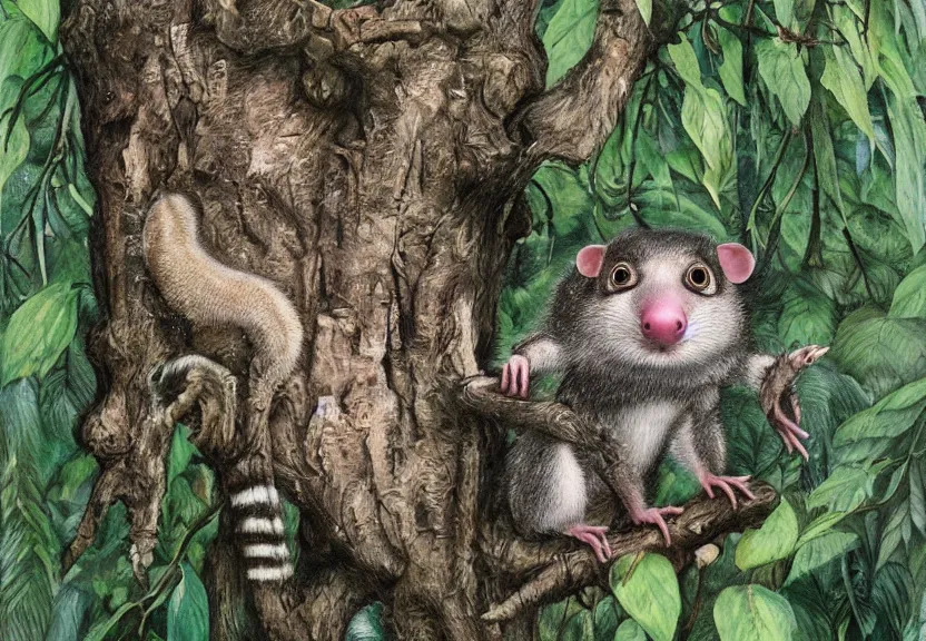 Prompt: humanoid possum hidden in the forest, colorized, highly detailed, 4k, trending on Artstation, award-winning, art by Maurice Sendak