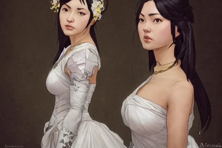 Prompt: cassandra cain in a wedding dress, close proximity to camera looking at camera, low angle camera, cg animation, riot entertainment, arcane, realistic, character select portrait, by artgerm, greg rutkowski, alphonse mucha, 3 d