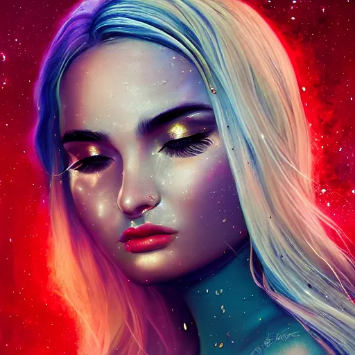 Image similar to an epic cinematic ethereal portrait made of stardust of kim petras with her eyes closed as part of the fabric of the universe and existence, galaxies, stars, nebulas, artstation trending, cgsociety, instagram