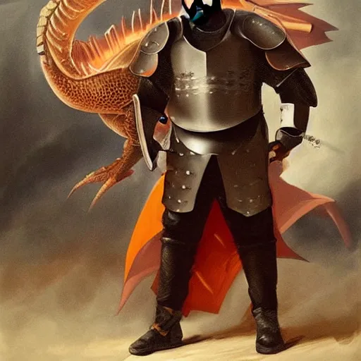 Prompt: Kanye west as a knight in armor fighting a large dragon, painting trending on artstartion