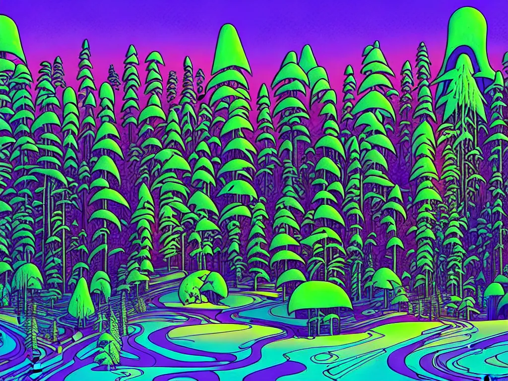 Image similar to forests and glades made of industrial raves on buildings on ice devices on mice in the style of lisa frank and moebius and giger and kubrick, ornate, beautiful, award-winning art, artstation