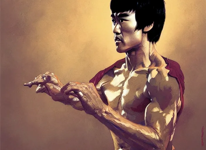 Prompt: portrait of bruce lee - art, by wlop, james jean, victo ngai! muted colors, very detailed, art fantasy by craig mullins, thomas kinkade cfg _ scale 8