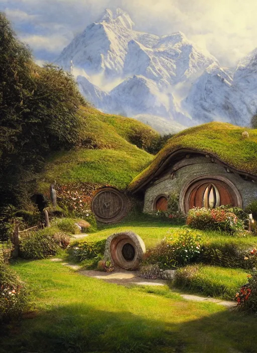 Image similar to beautiful serene hobbiton, by alan lee, lord of the rings, smooth, detailed terrain, oil painting, matte painting, concept art, trending on artstation, promotional artwork, film still, elegant, photorealistic facial features, intricate, detailed face, cinematic lighting