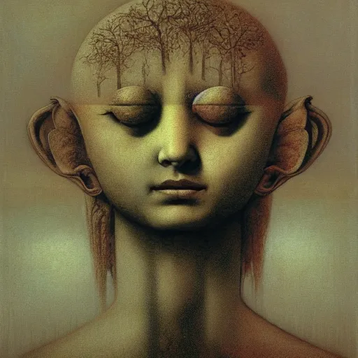 Image similar to cherub with four faces in one, by zdzislaw beksinski