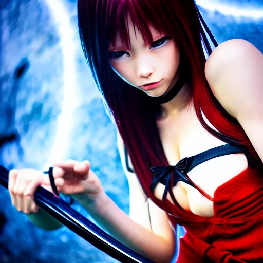 Prompt: dslr, beautiful erza scarlet wearing a skirt and fighting with a katana against ryu hayabusa from ninja gaiden, portrait photo, real photo, real camera, extreme detailed face and body, high quality, moody lighting, fast paced lines, sharp quality, enchanting, 8 k