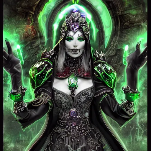 Image similar to a high priestess necromancer in the style of chaos in warhammer 4 0 k, flowing robe, jewel encrusted chestplate, green black grey and white palette, lolth, dnd, character art