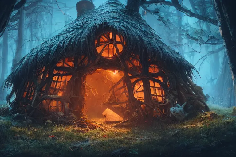 Prompt: witch hut, hyper realistic, ambient lighting, concept art, intricate, hyper detailed, smooth, dynamic volumetric lighting, octane, raytrace, cinematic, high quality, high resolution, 4 k, artgerm