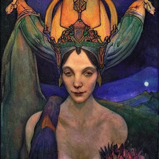 Image similar to the lantern crown, by Annie Swynnerton!!!! and Nicholas Roerich! and (Edmund Dulac) and ((((Diego Rivera)))), tattoos, elaborate costume, geometric ornament, symbolist, rich colors, dramatic lighting, smooth, sharp focus, extremely detailed