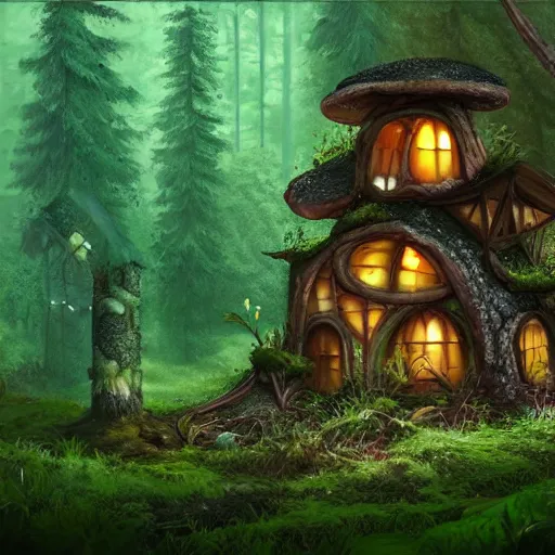 Image similar to a small mushroom house in the forest with a chimney and windows, green forest, overgrowth, beautiful, striking, artstation, concept art, matte painting