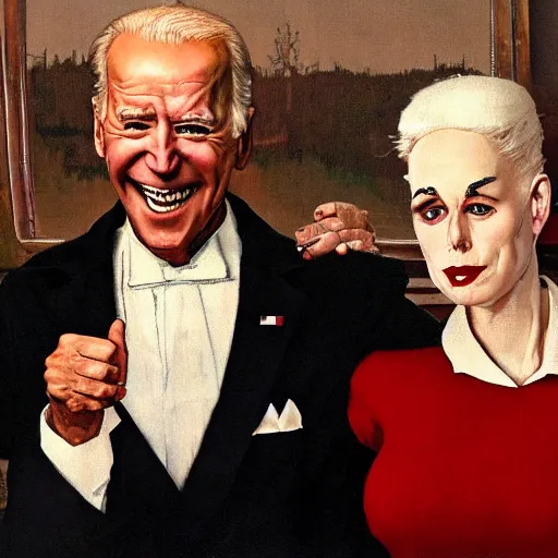 Image similar to joe biden dressed as nosferatu is terrified upon meeting the attractive wife of the world's most horrible man, painted by norman rockwell and tom lovell and frank schoonover