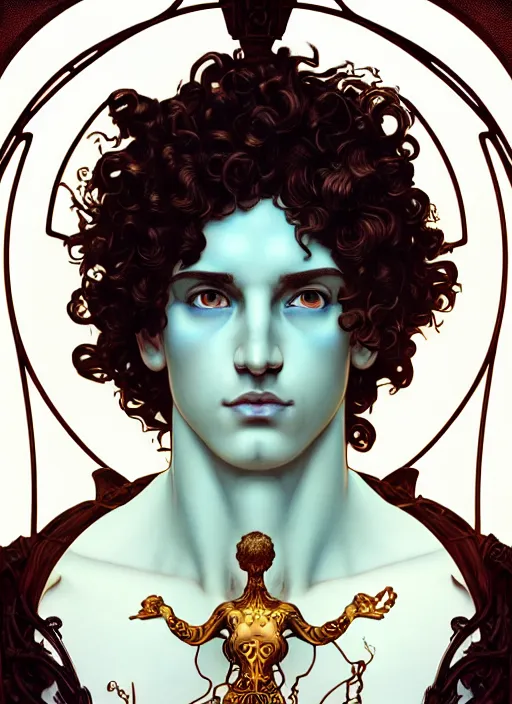 Prompt: the god hermes, young man, curly hair, glowing eyes, volumetric lights, cyan and white scheme, art nouveau botanicals, gothic, intricate, highly detailed, digital painting, artstation, concept art, smooth, sharp focus, symmetric face, illustration, steampunk, art by artgerm and greg rutkowski and alphonse mucha