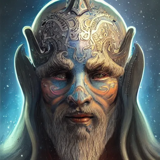 Image similar to an Artstation 3d render of Very very very very highly detailed beautiful mystic head of a phantom warrior with galaxy, tattoos by Anton Pieck, intricate, extremely detailed, digital painting, artstation, concept art, smooth, sharp focus, illustration, intimidating lighting, incredible art,