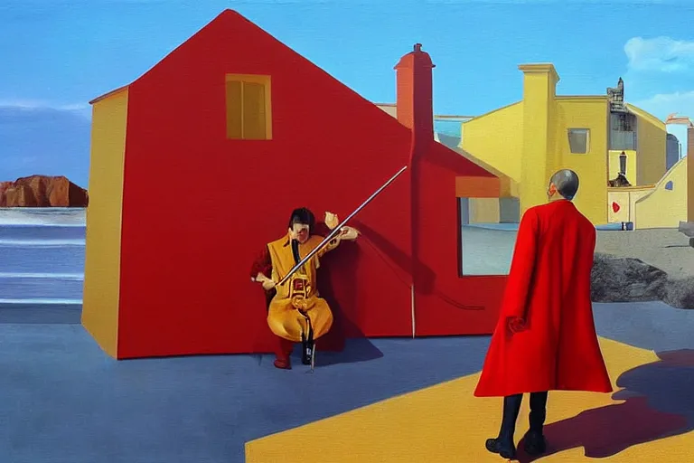 Prompt: a man in red playing the violin next to a yellow lightinghouse, the sun is shining and the ocean is blue, Painting, Fine Art, Unreal Engine, Salvador Dali
