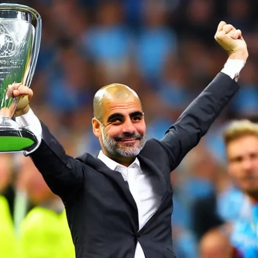Prompt: High quality front photo of Pep Guardiola lifting a champions league trophy