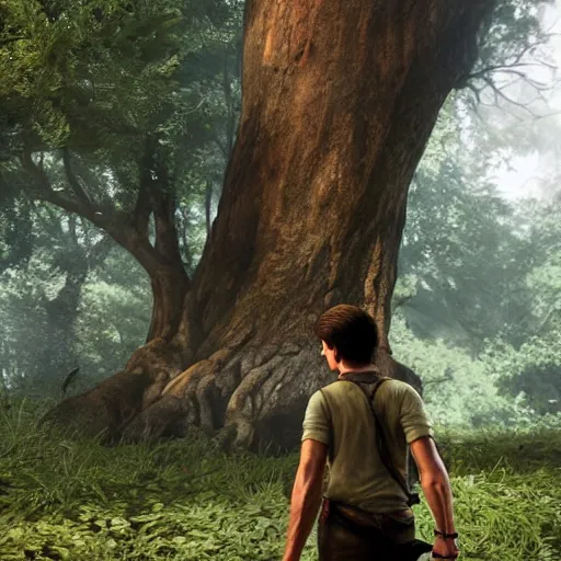 Image similar to young nathan drake finding a large tree, highly detailed