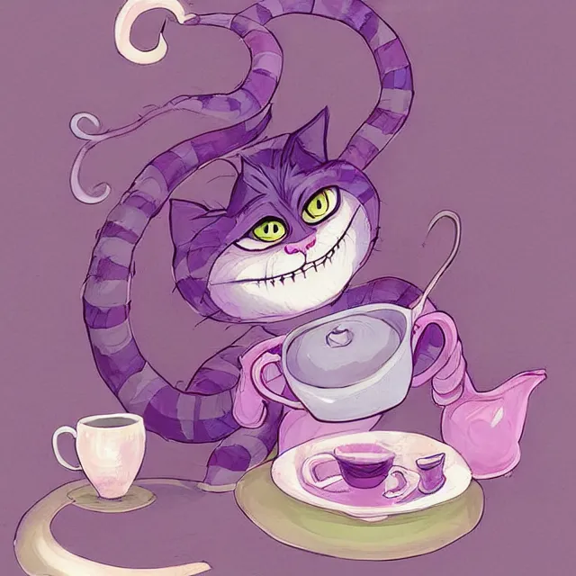 Image similar to cheshire cat drinking tea, by cory loftis, character art, art, very coherent, plain background, lighthearted, soft painting