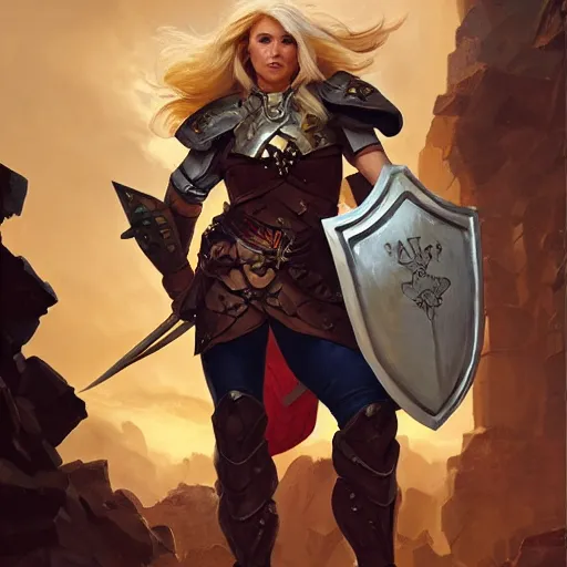 Prompt: a blonde paladin woman holding her shield up fighting a giant goat on the streets of a fantasy town, d & d, fantasy, highly detailed, digital painting, artstation, concept art, character art, art by greg rutkowski and tyler jacobson and alphonse mucha