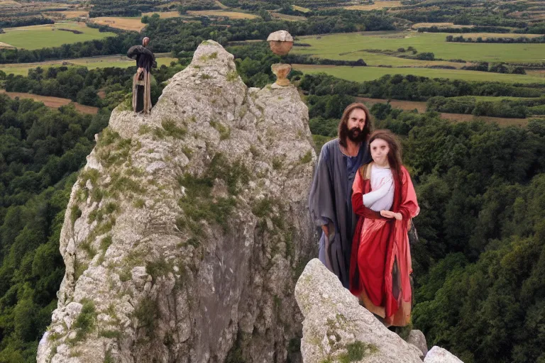 Image similar to selfie from a mobile phone of jesus and mary magdalene standing on a cliff looking over a beautiful landscape in france, rennes - le - chateau, award winning photo, very detailed, very realistic cinematic