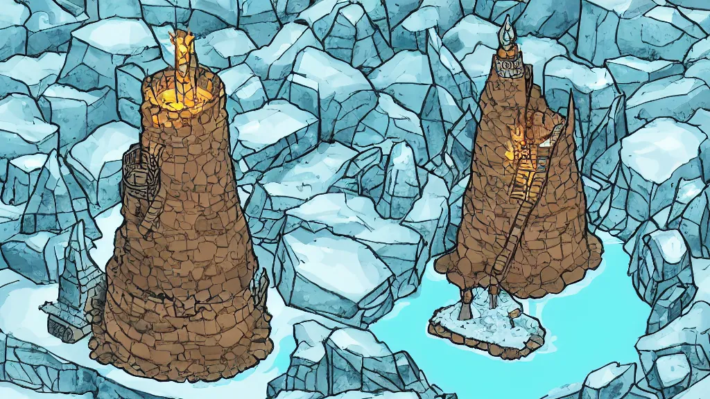 Prompt: Aerial view of a wizard tower surrounded by an ice cave, a fire cave, an ice mine and a fire mine, lineart, colored