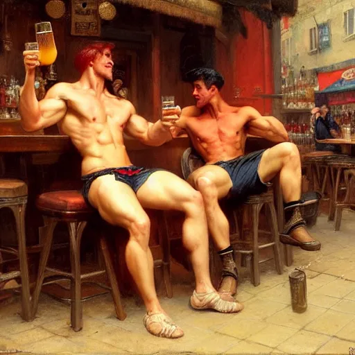 Image similar to attractive muscular male with red hair and attractive muscular male with black hair. pants and shorts, drinking their hearts out, having fun, in a pub. very defined painting by gaston bussiere, j. c. leyendecker, craig mullins 8 k