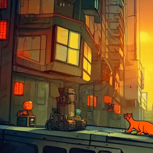 Image similar to a orange cat in a cyberpunk post apocalyptic city with robots living as humans