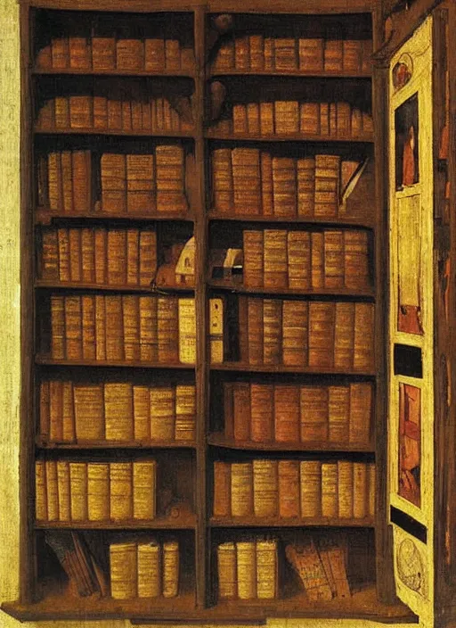 Image similar to bookshelf with books, medieval painting by jan van eyck, johannes vermeer, florence