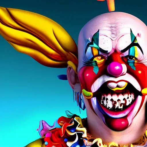 Image similar to 4K headshot of godlike clown with clown nose and defined arms and open hands and bloody clothes with giant mandala wings , intricate runny clown face make-up , flawless anime cel animation by Kentaro Miura, psychedelic , highly detailed upper body , professionally post-processed , beautiful, scary, symmetry accurate features, epic, octane rendered, anime masterpiece, accurate