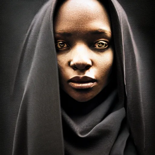 Image similar to a portrait of a young black woman wearing a long dark cloak, hood and shadows covering face, anatomically correct, beautiful perfect face, enigmatic, oil painting, matte painting, black background, Volumetric dynamic lighting, Highly Detailed, Cinematic Lighting, Unreal Engine, 8k, HD, by Beksinski