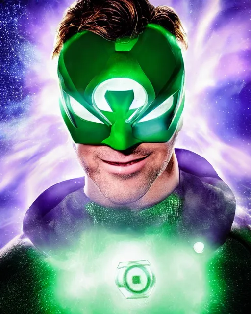 Image similar to photos of actor Christopher Reece as a Green Lantern soaring thru outer space, photogenic, spit-curl in hair, particle effects, photography, studio lighting, cinematic