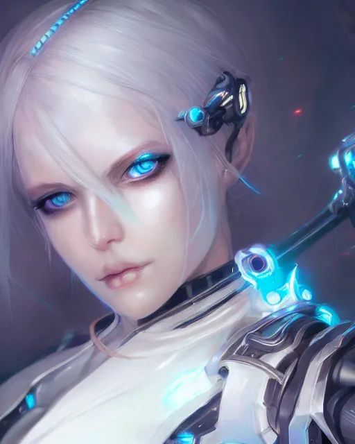 Image similar to holy cyborg necromancer girl, elegant, perfect face, scifi, futuristic, utopia, garden, illustration, atmosphere, warframe, blue eyes, white hair, artstation, nier automata, highly detailed, art by yuhong ding and chengwei pan and serafleur and ina wong