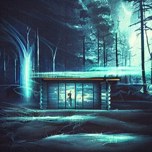 Image similar to “log cabin sci-fi art”