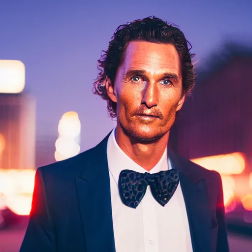 Image similar to a still of matthew mcconaughey . Shallow depth of field. City at night in background, lights, colors ,studio lighting, mood, 4K. Profession photography