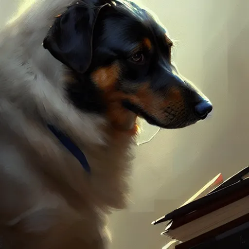 Image similar to a dog working in computational linguistics, art by greg rutkowski, intricate, elegant, highly detailed, smooth, sharp focus, artstation