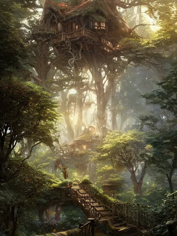 Image similar to worm's eye view of a elven headquarters tree house and flower garden, neat and tidy, magical, natural light, fantasy, sharp focus, concept art, by greg rutkowski and craig mullins, cozy atmospheric