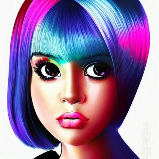Prompt: very beautiful portrait painting of a black bobcut hair style ariana grande in a blend of manga - style art, augmented with vibrant composition and color, all filtered through a cybernetic lens, by hiroyuki mitsume - takahashi, pastel, cmyk