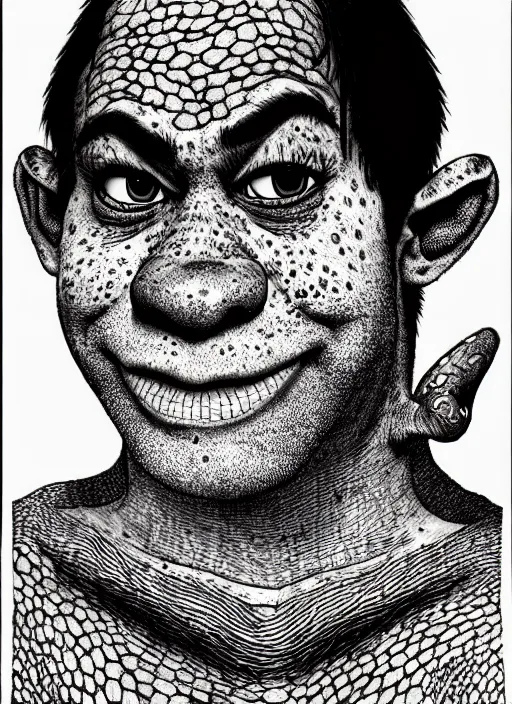 Image similar to portrait of shrek, freckles, intricate, highly detailed, illustration, art by junji ito, junji ito