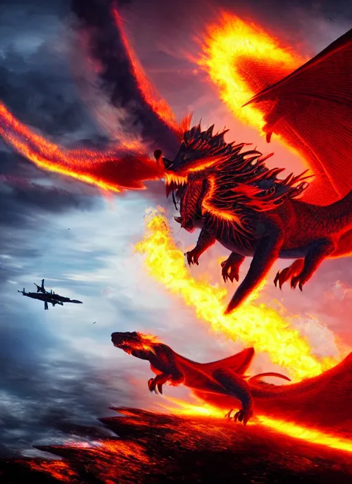 Prompt: a majestic firedragon king creature fighting a fighter jet, 8 k, magic realism, beautiful composition, explosions