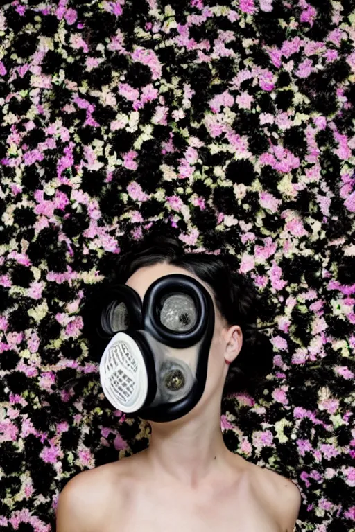 Prompt: a surreal portrait of a woman wearing gas mask blending into a wall of black flowers in the style of brooke didonato, editorial fashion photography from vogue magazine, full shot, nikon d 8 1 0, ƒ / 2. 5, focal length : 8 5. 0 mm, exposure time : 1 / 8 0 0, iso : 2 0 0