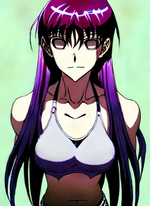 Image similar to style of madhouse studio anime, rei hiroe black lagoon manga, loish, artgerm, joshua middleton comic art, portrait of revy from black lagoon, purple hair, symmetrical eyes and symmetrical face, jean shorts, white tank top, waist up, sarcastic evil smirk on face, natural lighting, sky and ocean background