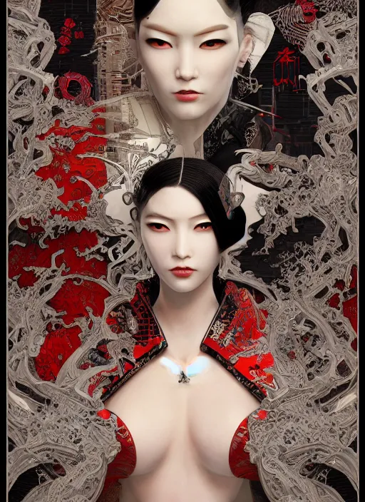 Image similar to portrait of a seductive cyberpunk geisha yakuza, imari, modern fine art, fractal, in the style of ex - machina, intricate ornaments, elegant, highly detailed, digital photography, subsurface scattering, by mc escher and greg rutkowski,