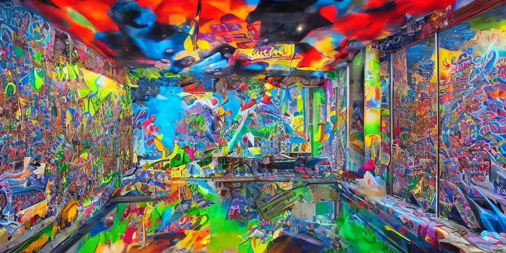 Image similar to cinematic view from inside the realm full of colorful 3 d graffiti, ultra realistic, extremely high definition, highly detailed and intricate masterpiece