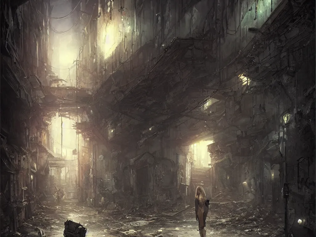 Image similar to a nightscene with a dark alley with large abandoned buildings with graffiti on the walls at the end an illuminated door, by greg rutkowski, futuristic