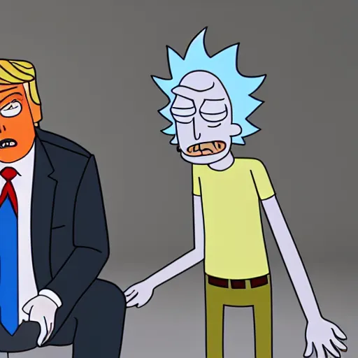 Image similar to Donald Trump with ricks body from Rick & Morty, realistic artstyle, wide shot, dramatic lighting, octane render, hyperrealistic, high quality, highly detailed, HD, beautiful, cinematic, 8k, unreal engine, facial accuracy, symmetrical