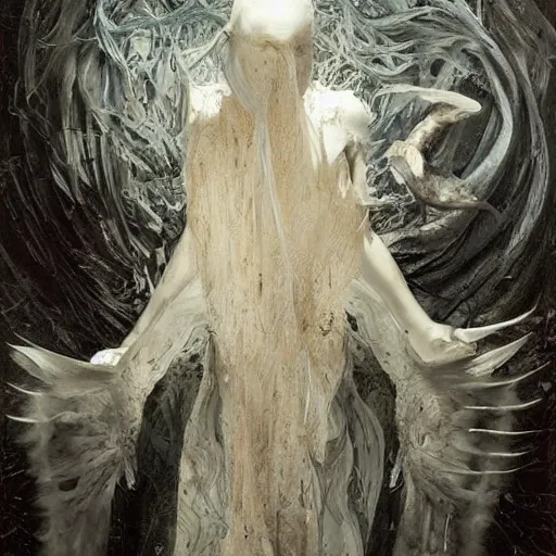 Image similar to artemixel, white crow bringing rabbit leg to a occult witch by android jones and m. c. escher collaboration, futurist, digital art, dramatic lighting by nicola samori and jeffrey smith, oil on canvas