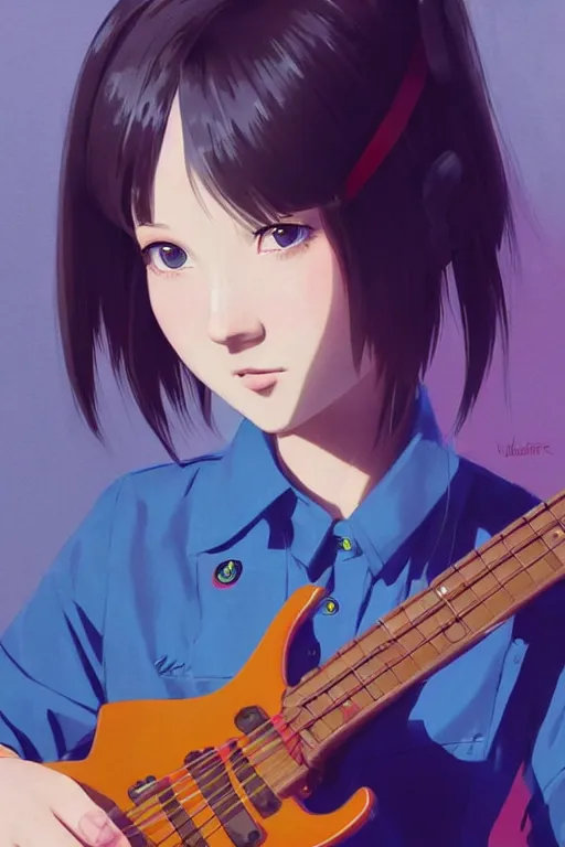 Prompt: a cute girl wearing school uniform playing electric guitar | | really good looking face!!, good shape guitar, realistic shaded perfect face, fine details, anime, realistic shaded lighting poster by ilya kuvshinov katsuhiro otomo ghost - in - the - shell, magali villeneuve, artgerm, jeremy lipkin and michael garmash and rob reyt