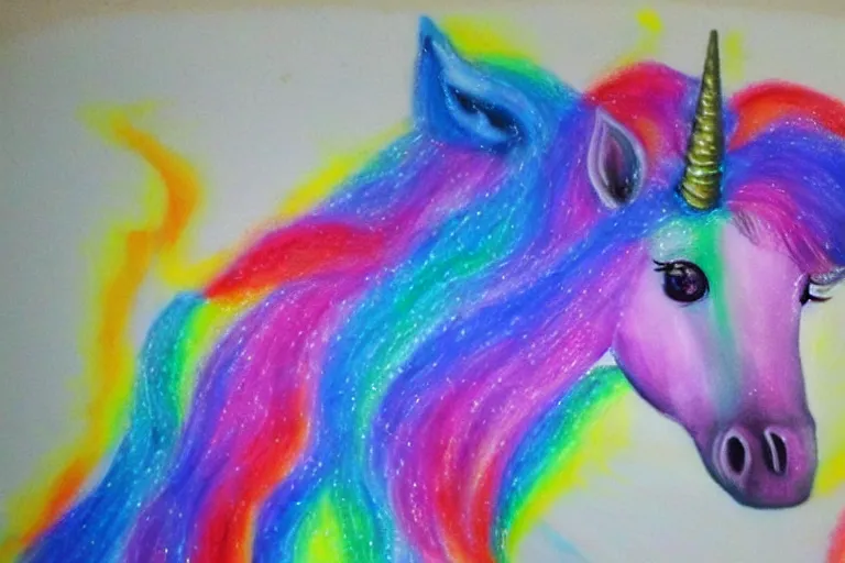 Image similar to the most horrible unicorn art imaginable, airbrush, sparkles, trashy