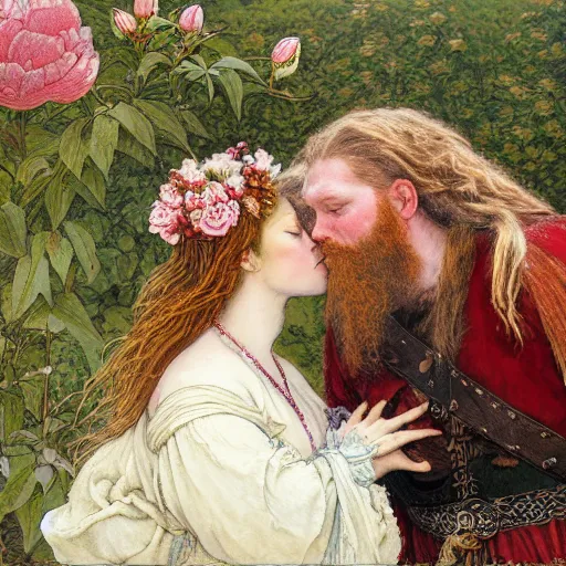 Prompt: a white skinned red bearded viking and an brown skinned princess kiss in a field of peonies, masterpiece, highly detailed, oil on canvas, art by rebecca guay