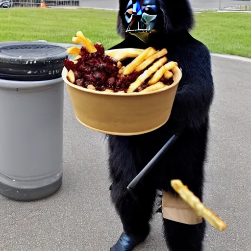 Prompt: a photo of a red panda dressed like Darth Vader eating french fries