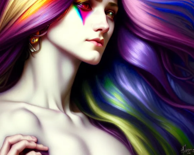 Image similar to overlord, rainbow hair, portrait, highly detailed, deep focus, elegant, digital painting, smooth, sharp focus, illustration, ultra realistic, 8 k, art by artgerm and alphonse mucha and edgar maxence