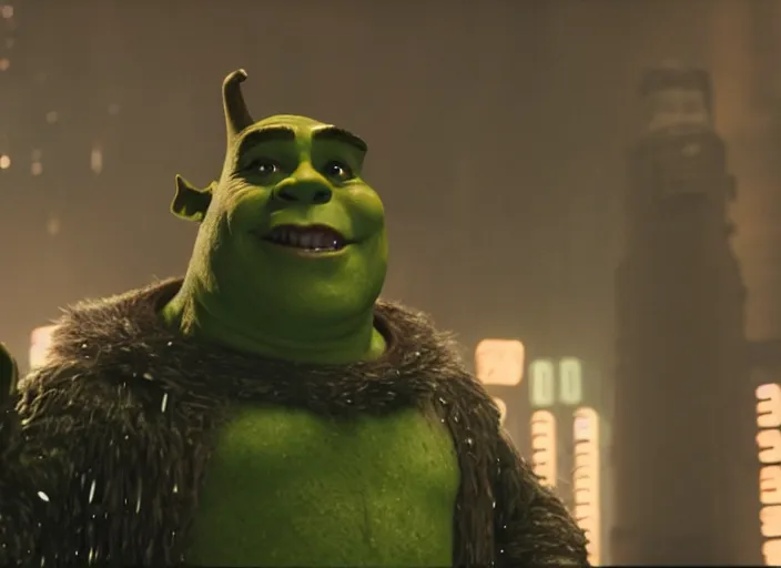 Image similar to film still shrek wearing leather coat as a detective in blade runner, 8 k